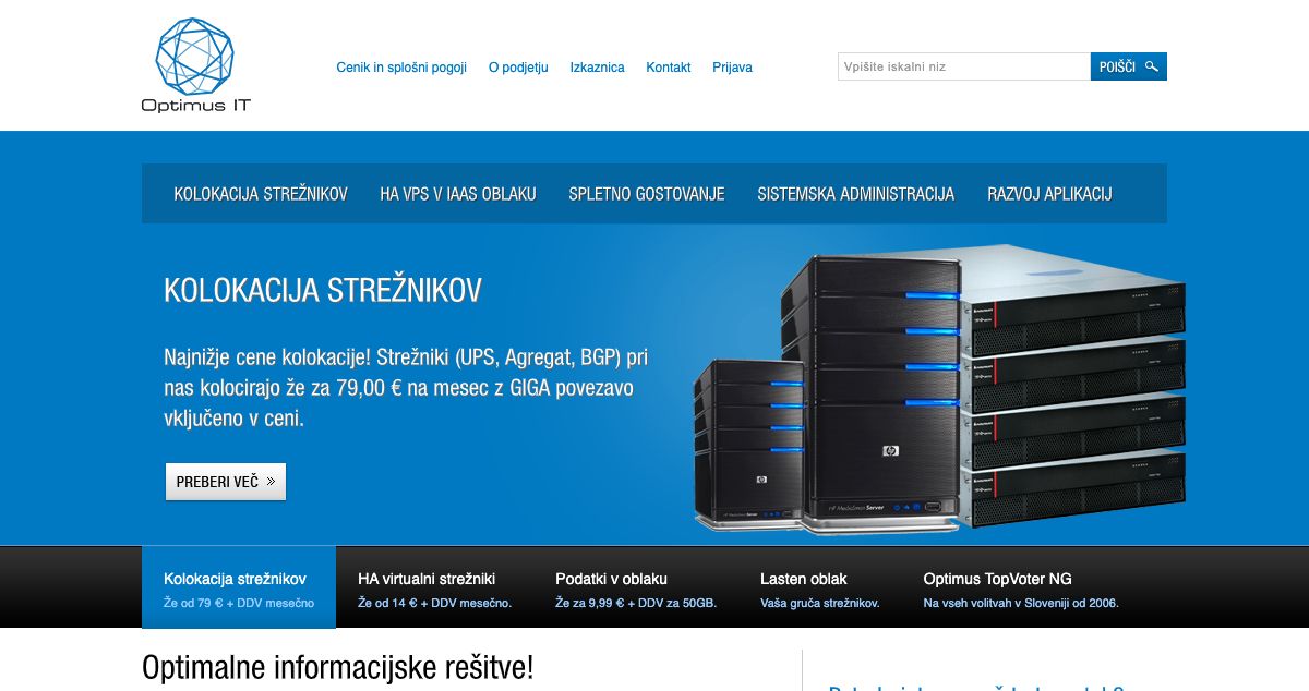 Homepage of Optimus IT hosting