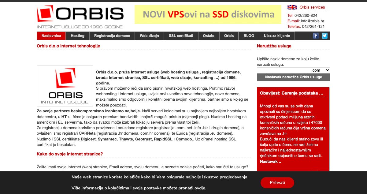 Homepage of Orbis hosting