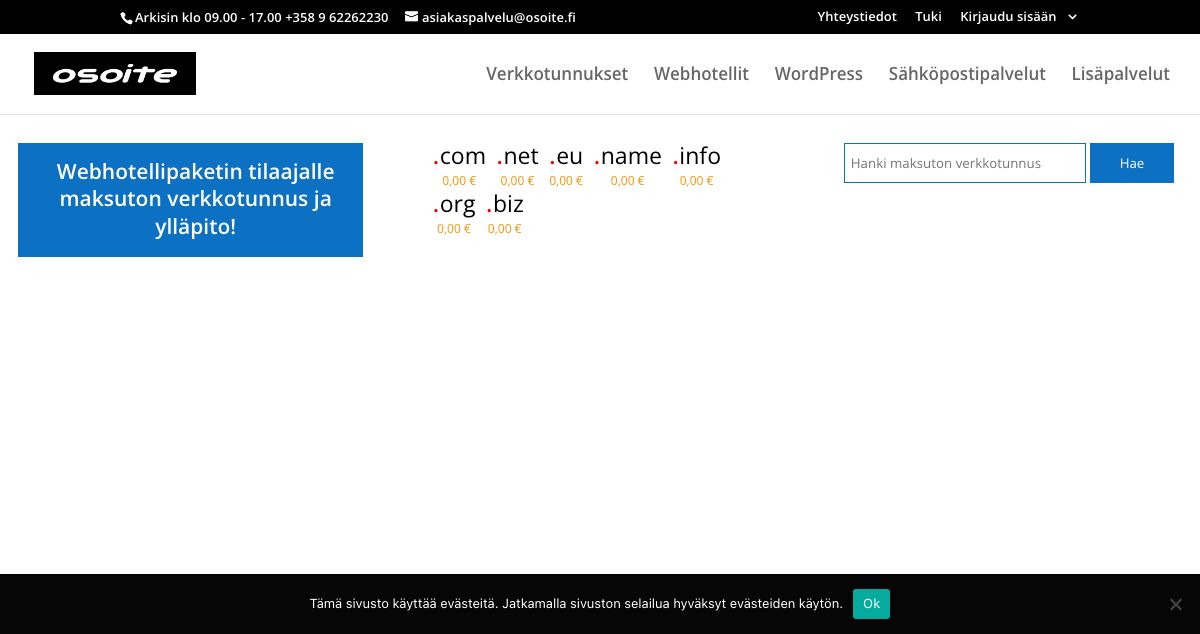 Homepage of Osoite Internet hosting
