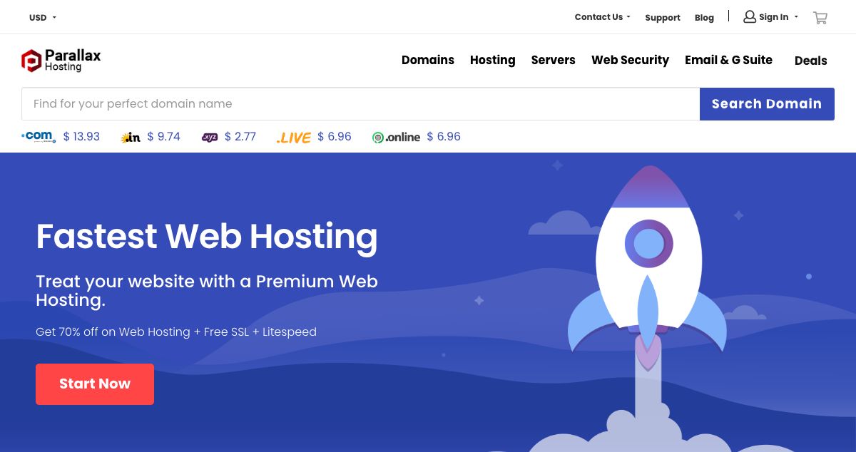 Homepage of Parallax Hosting hosting