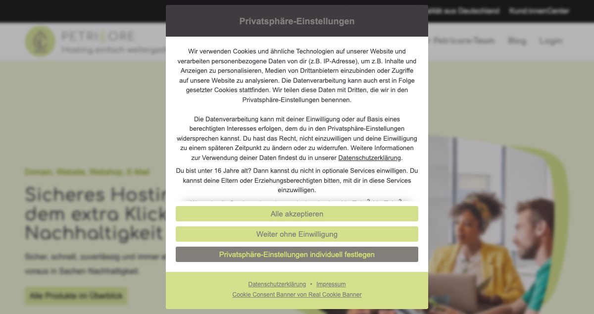 Homepage of Petricore Green Hosting GmbH hosting