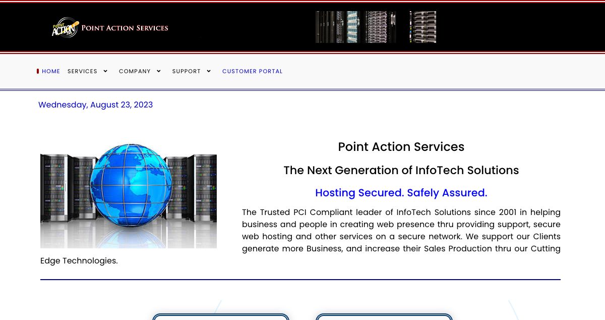 Homepage of Point Action Services hosting