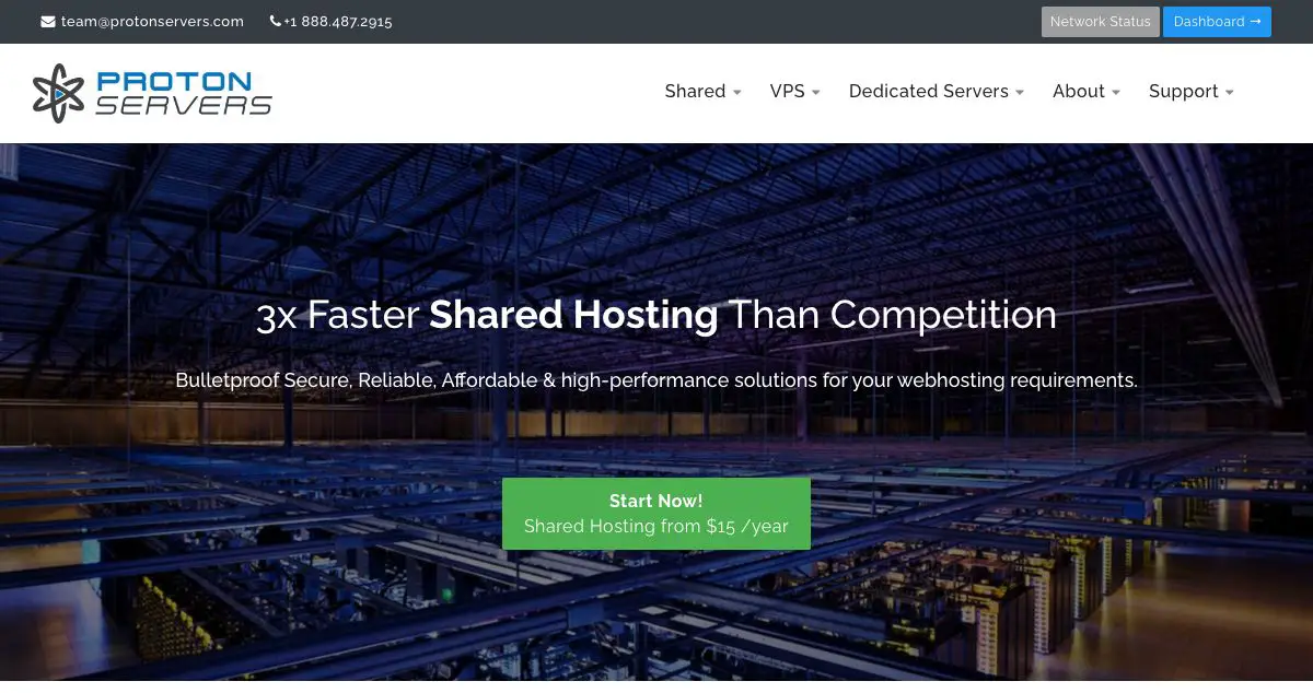 Homepage of Proton Servers hosting