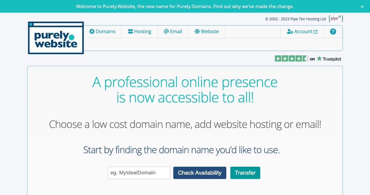 Homepage of Purely.website hosting