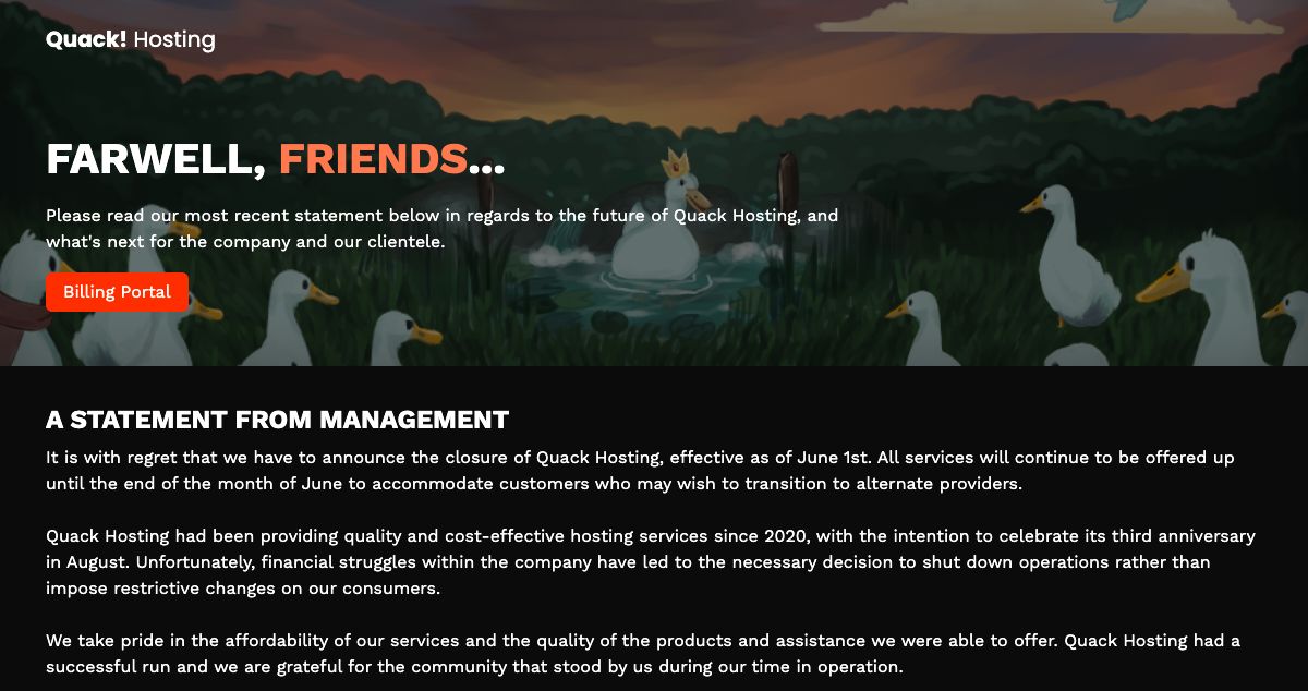 Homepage of Quack Hosting hosting