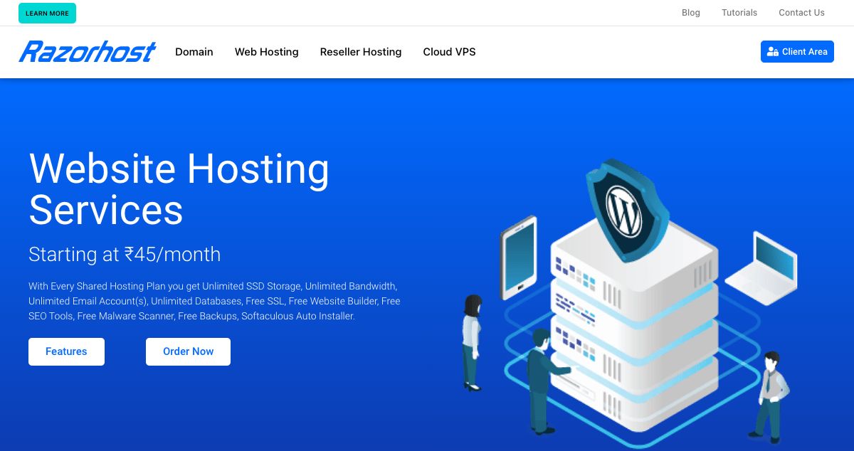 Homepage of Razorhost hosting