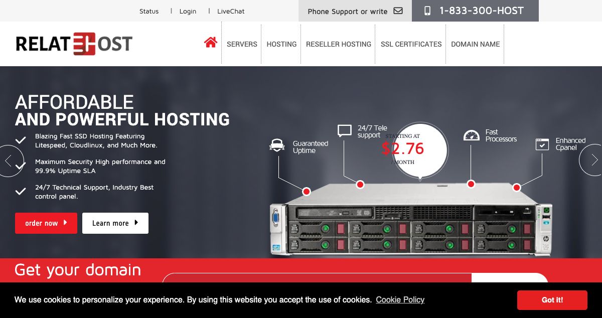 Homepage of RelateHost hosting