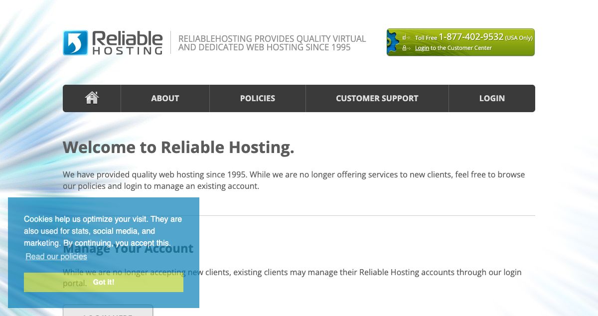 Homepage of Reliable Hosting hosting