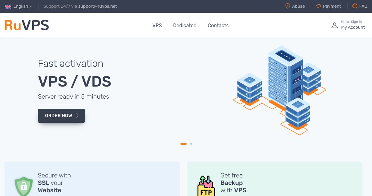 Homepage of RUVPS hosting