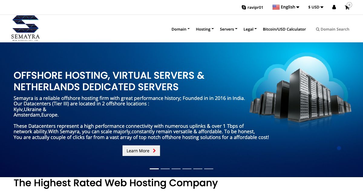 Homepage of Semayra Web Services hosting