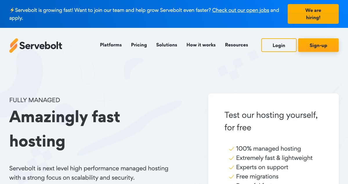 Homepage of Servebolt hosting