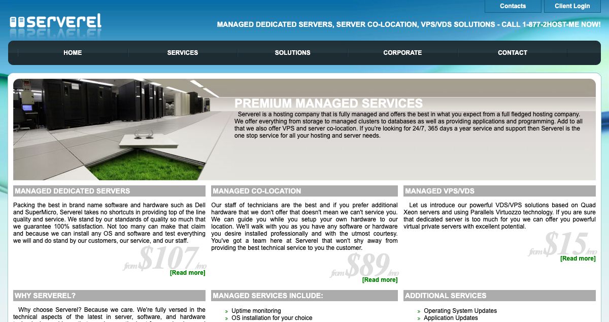 Homepage of Serverel hosting