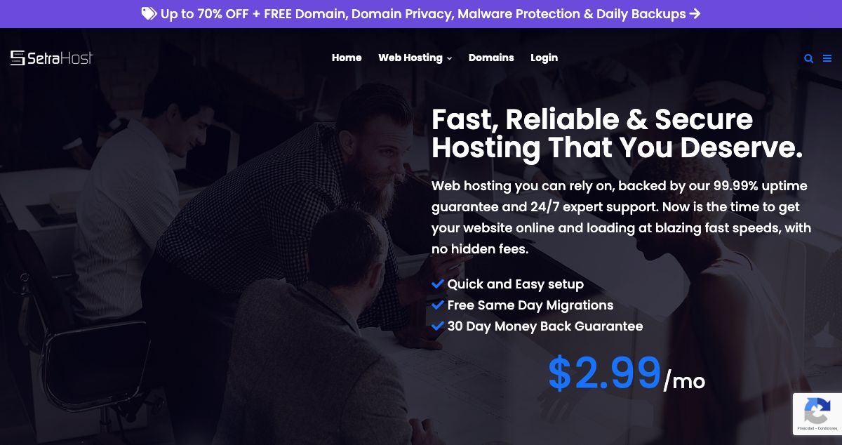 Homepage of SetraHost hosting