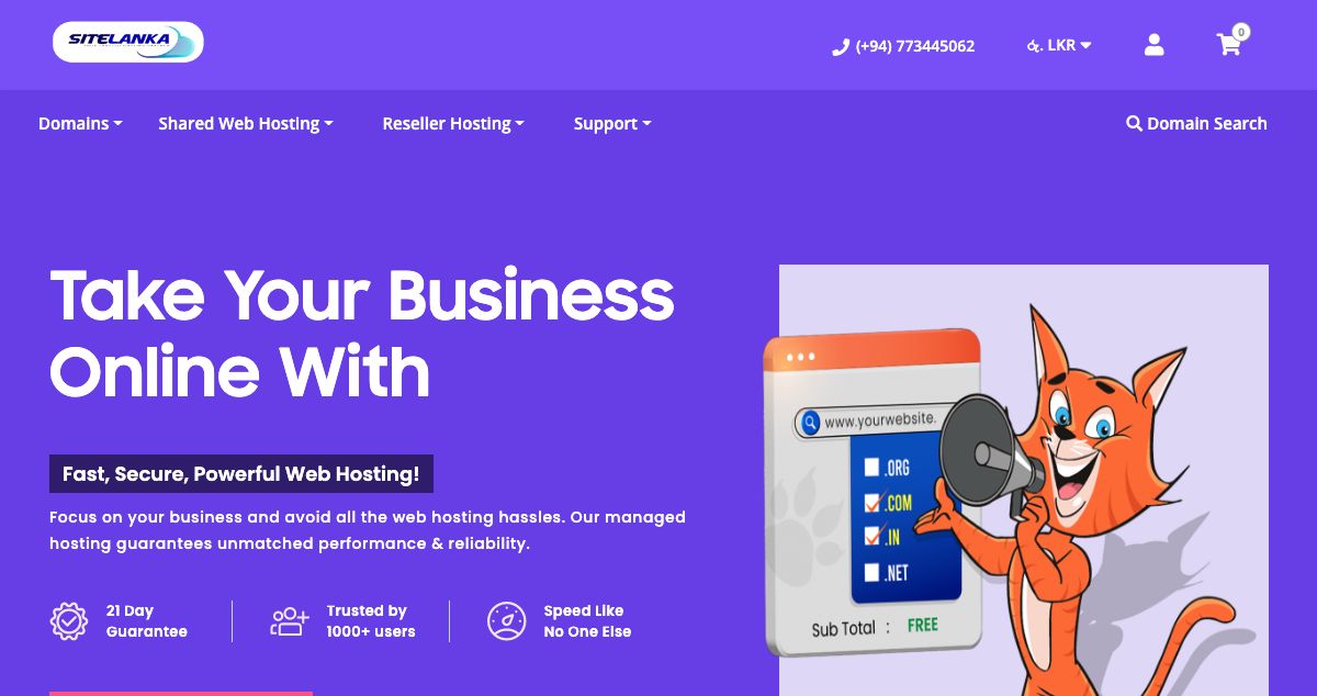 Homepage of SiteLanka Hosting Solutions hosting