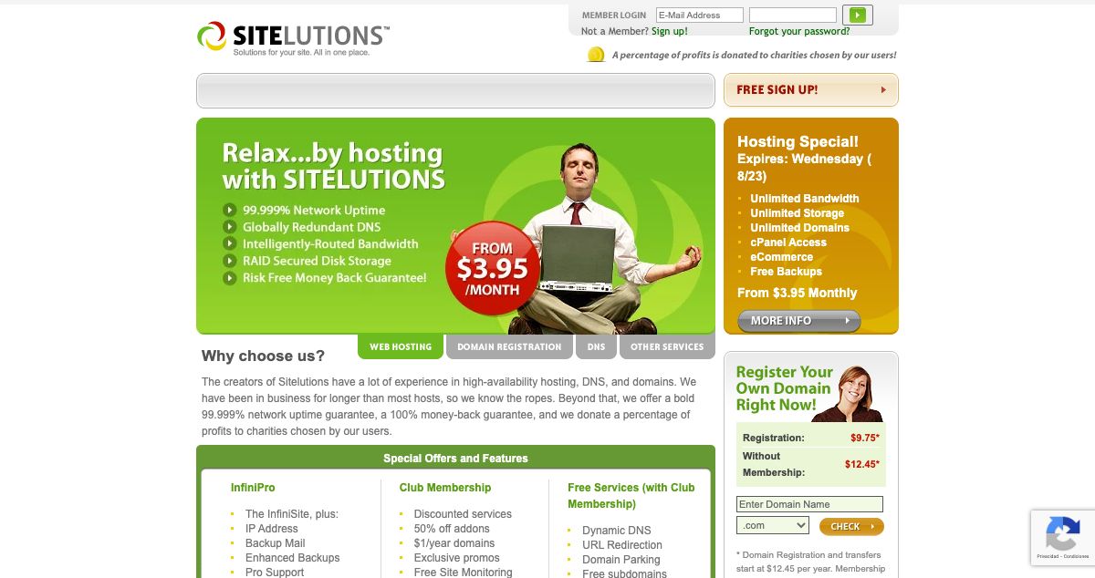 Homepage of Sitelutions hosting