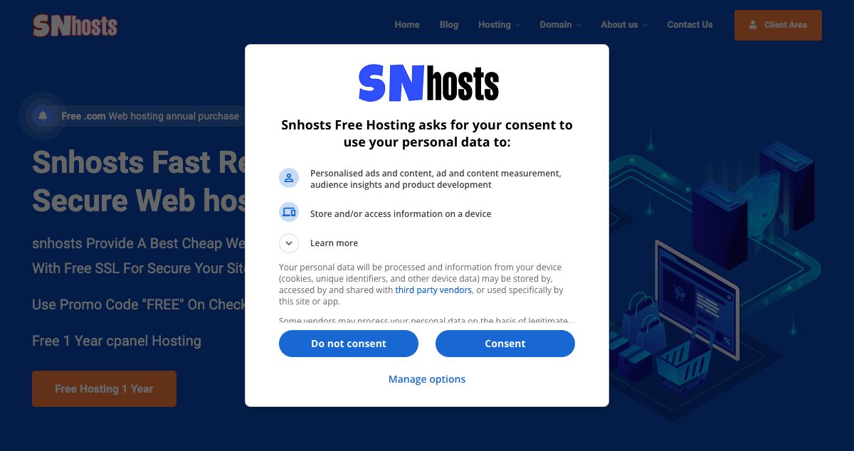 Homepage of SNhosts hosting