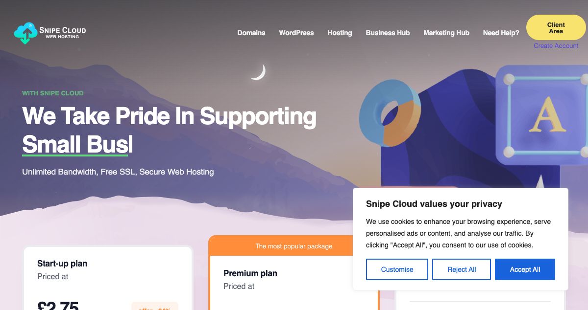 Homepage of Snipe Cloud Web Services hosting