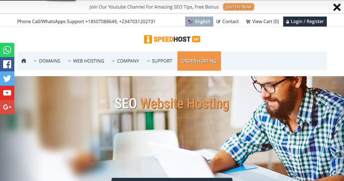 Homepage of SpeedHost247 hosting