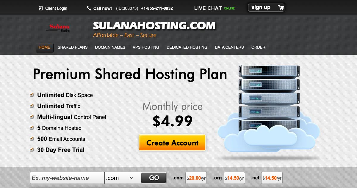 Homepage of Sulana Hosting hosting