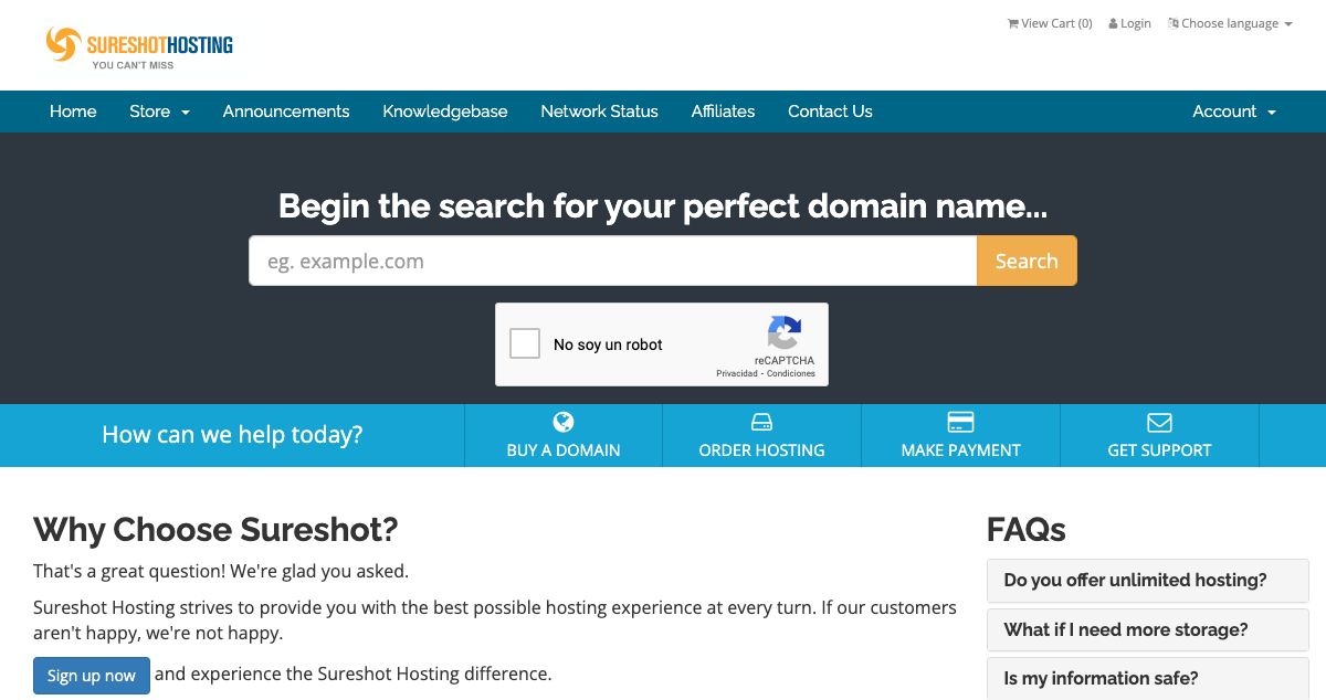 Homepage of Sureshot Hosting hosting