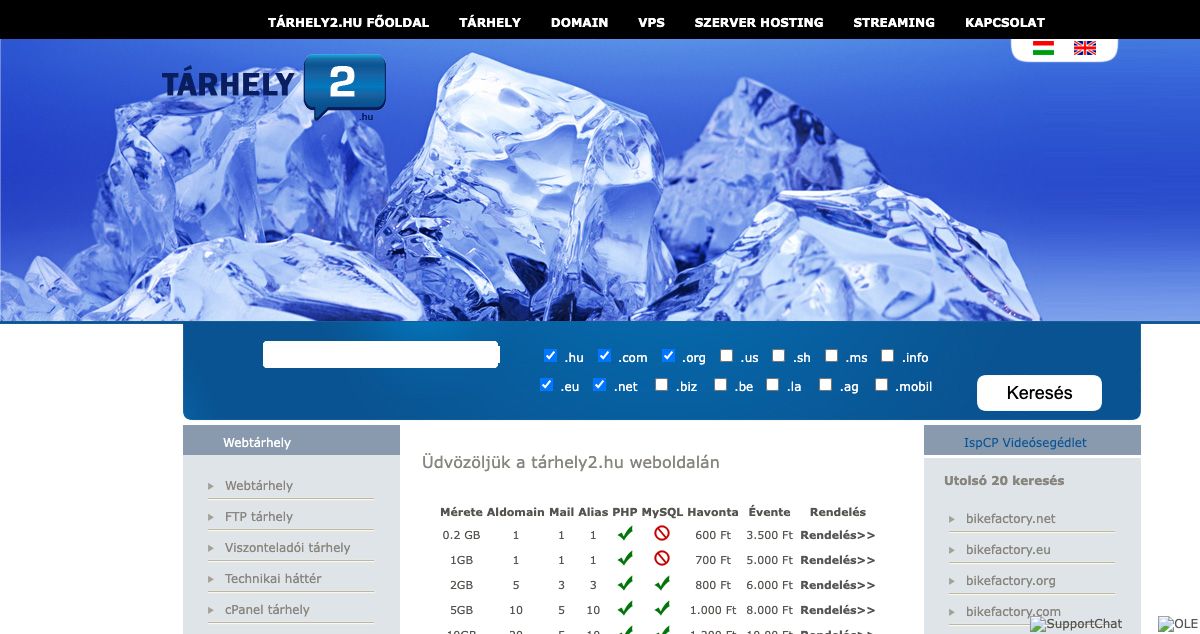 Homepage of Tárhely2 hosting