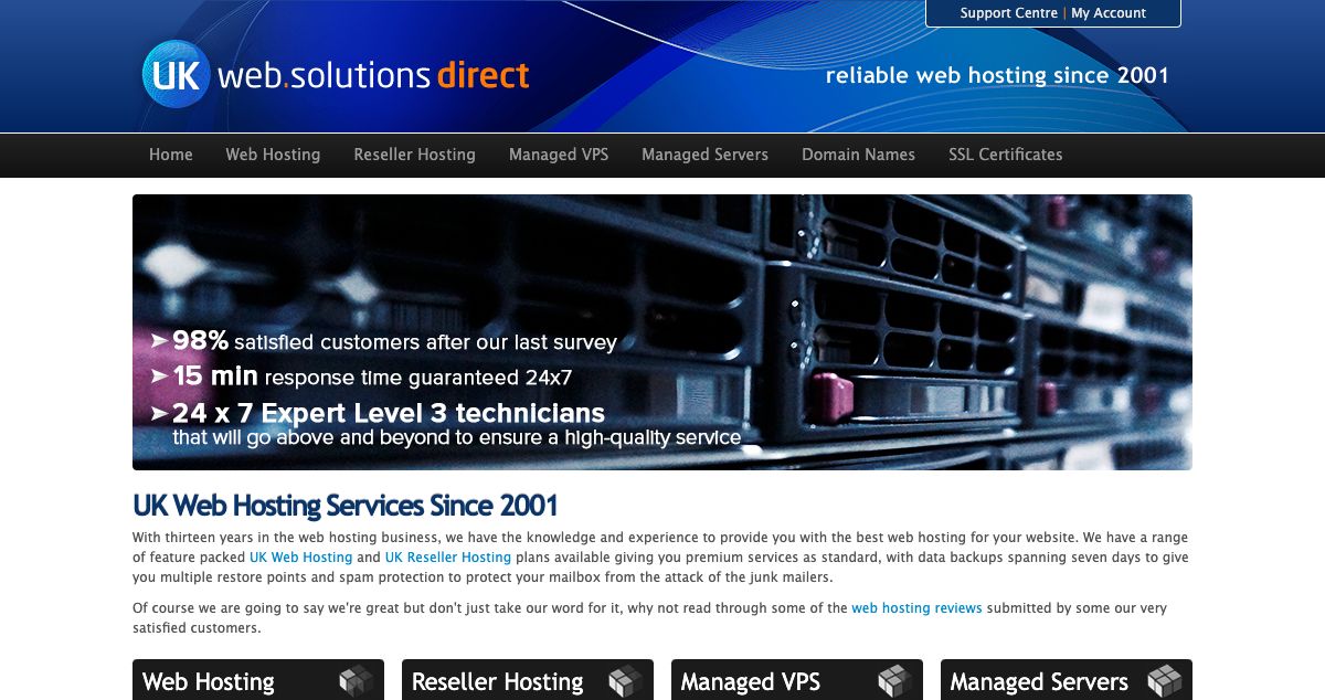 Homepage of UK web solutions direct hosting