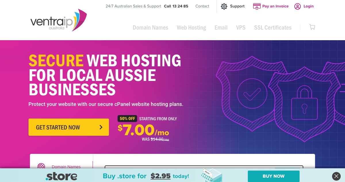 Homepage of VentraIP Australia hosting