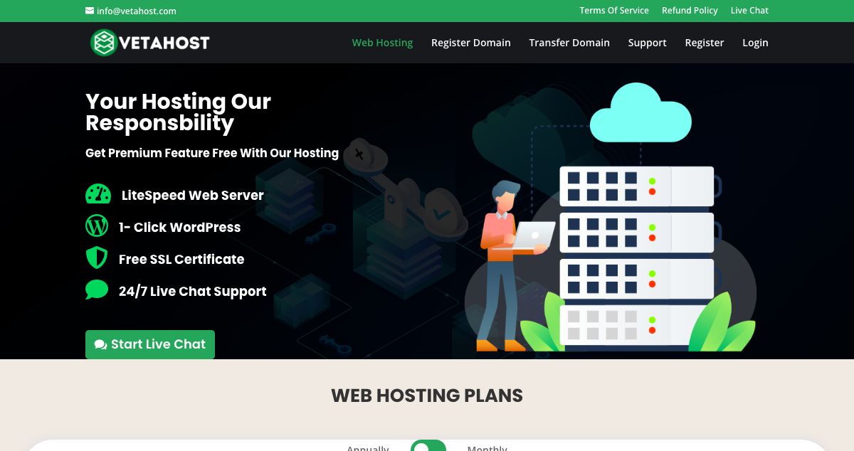 Homepage of VetaHost hosting