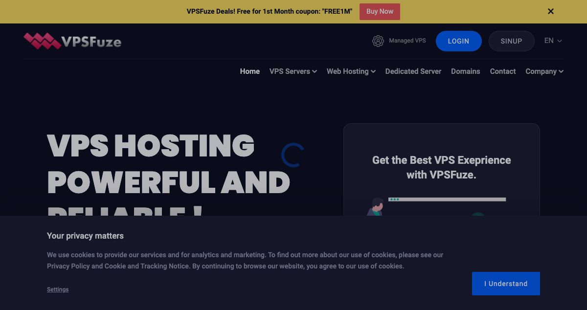 Homepage of VPSFuze.com hosting