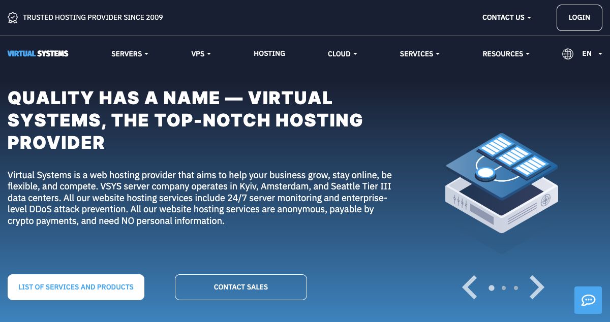 Homepage of VSYS Host hosting