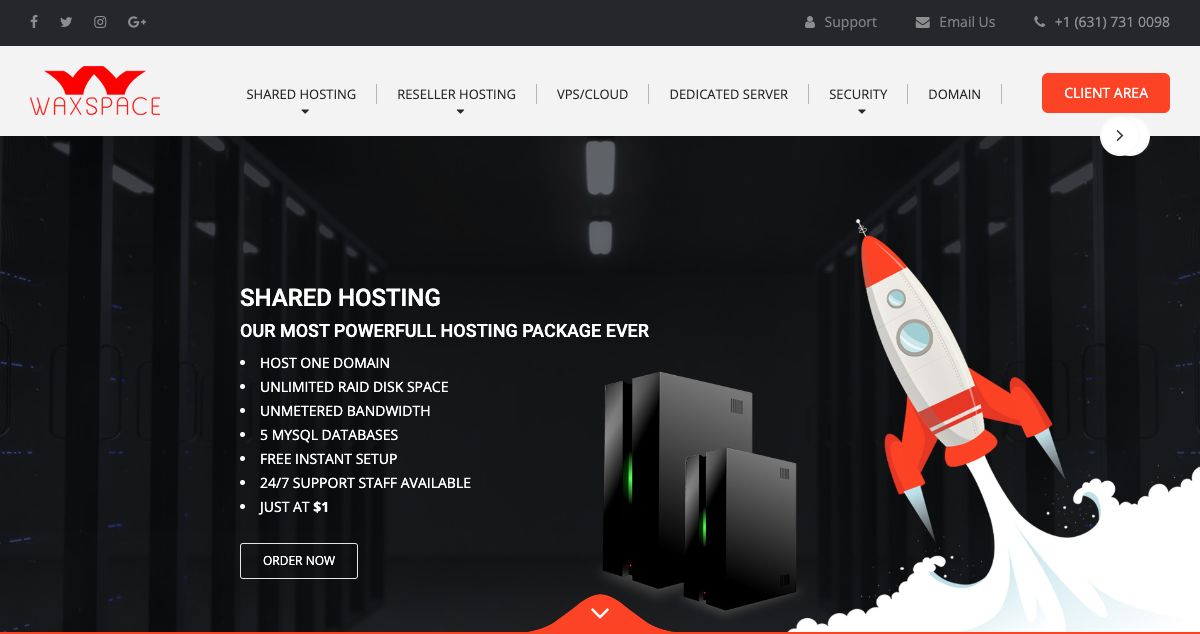 Homepage of Waxspace hosting