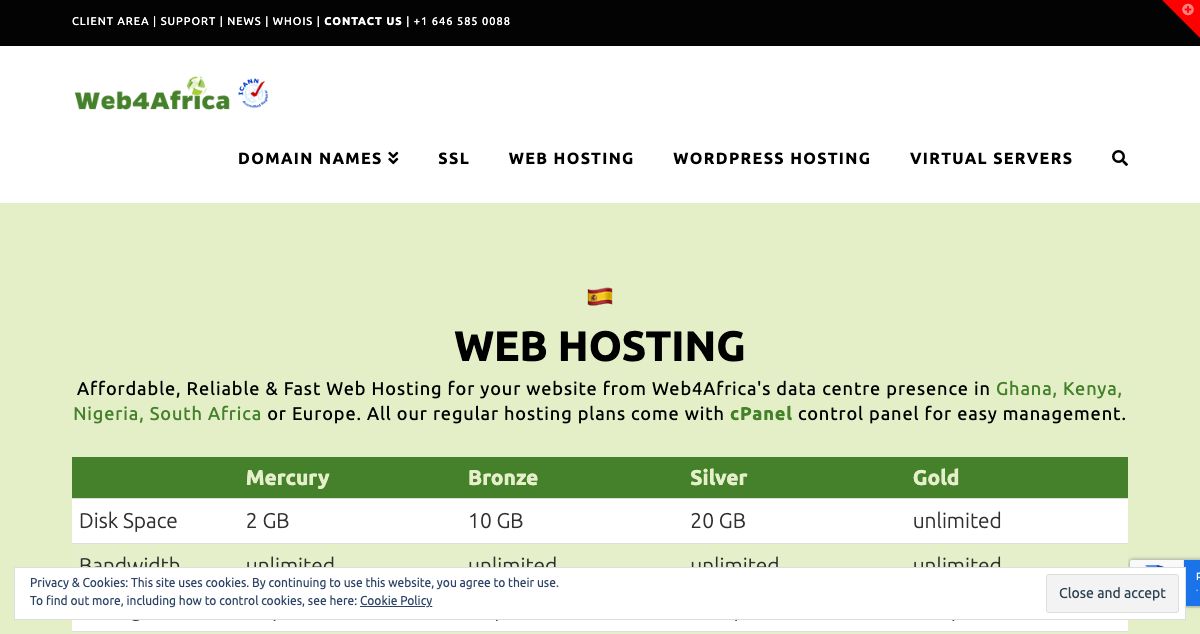 Homepage of Web4Africa hosting