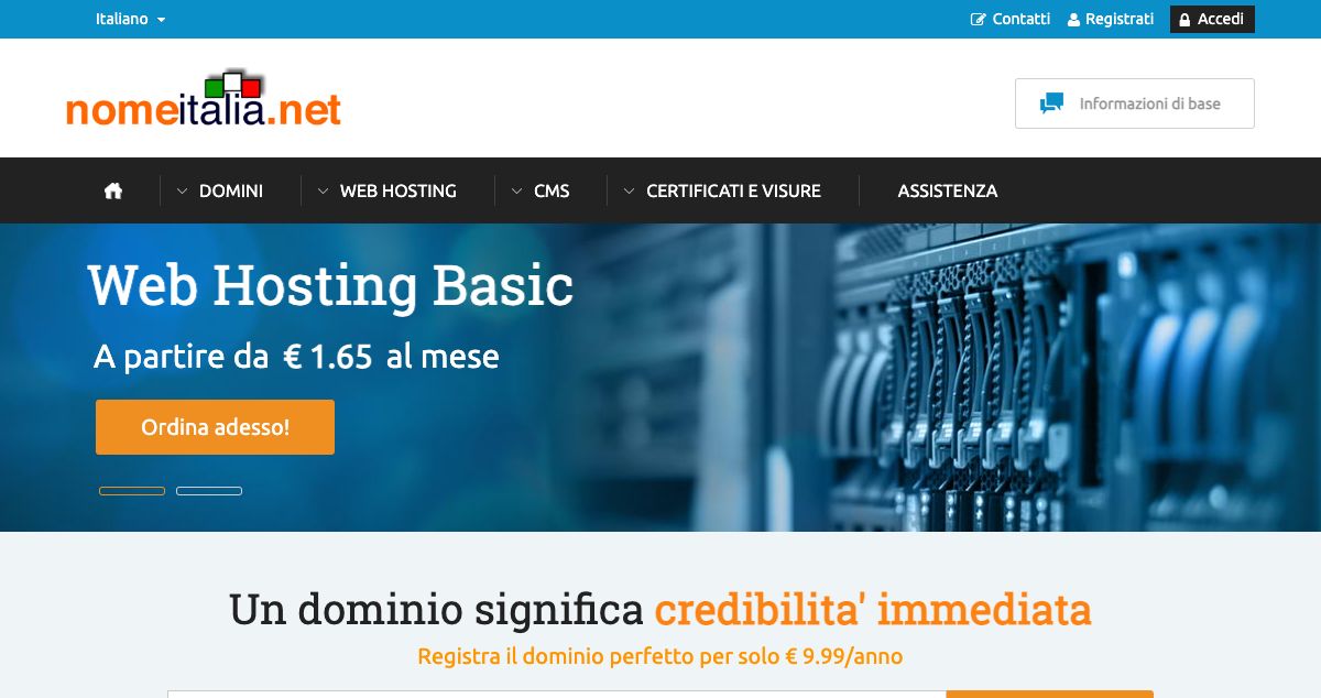 Homepage of nomeItalia hosting