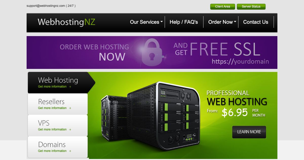 Homepage of WebhostingNZ hosting