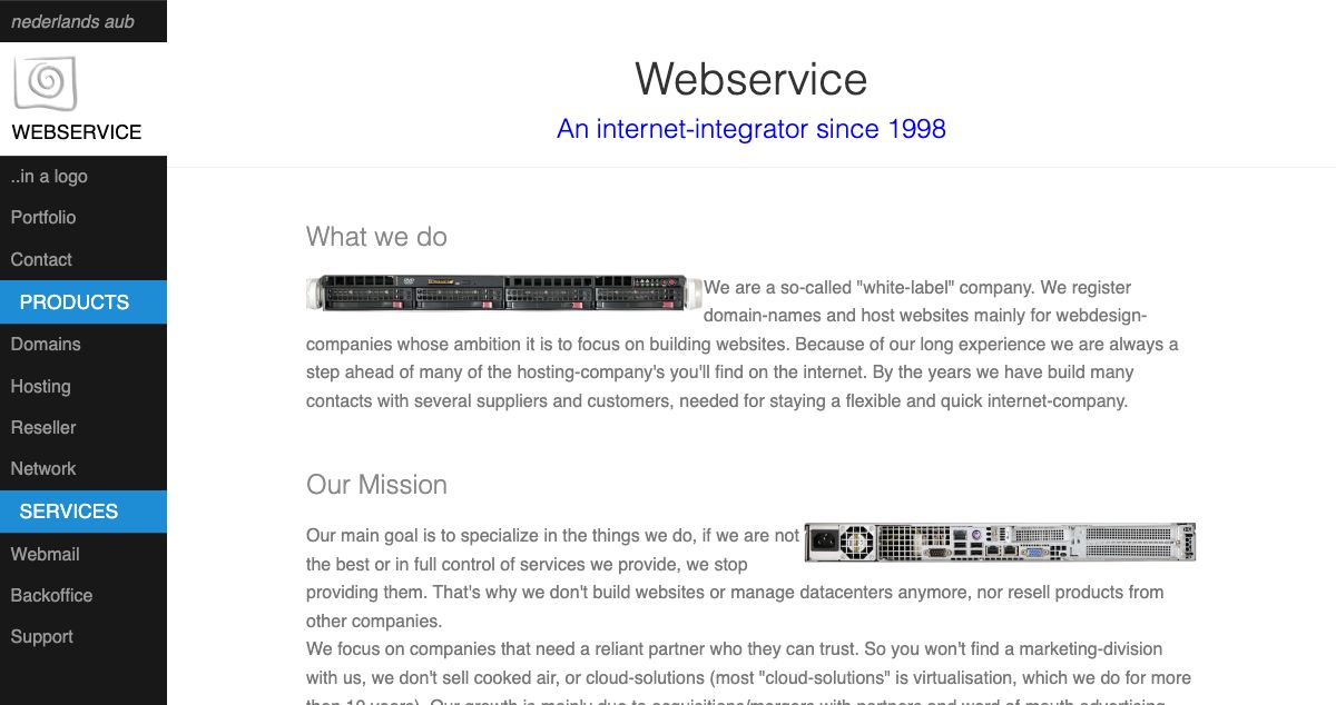 Homepage of Webservice hosting