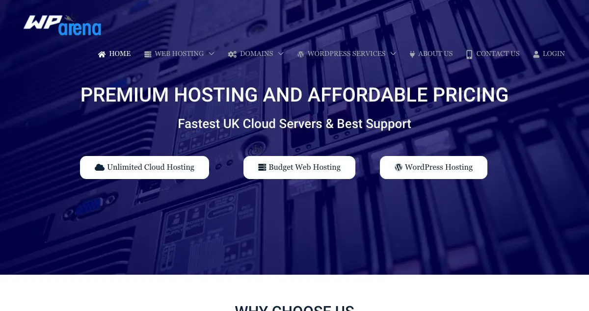 Homepage of WP Arena hosting