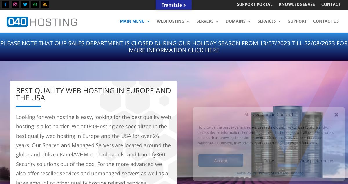 Homepage of 040Hosting hosting