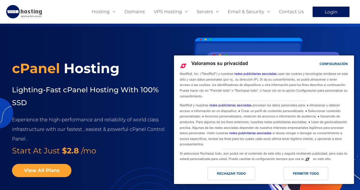 Homepage of 10GB Hosting hosting