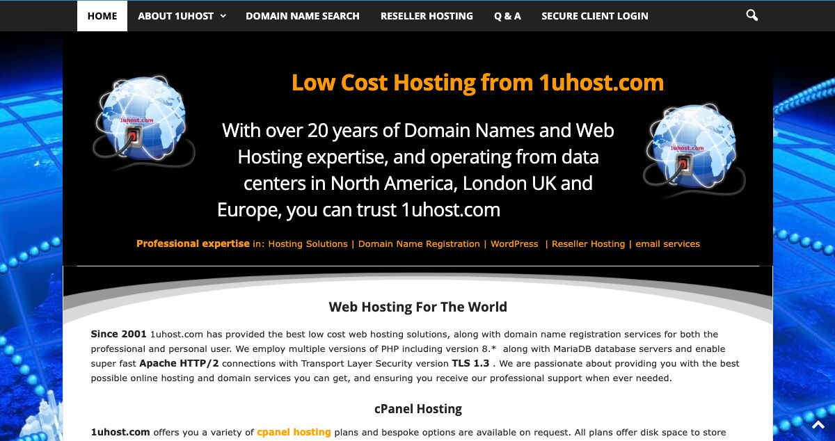 Homepage of 1Uhost.com hosting