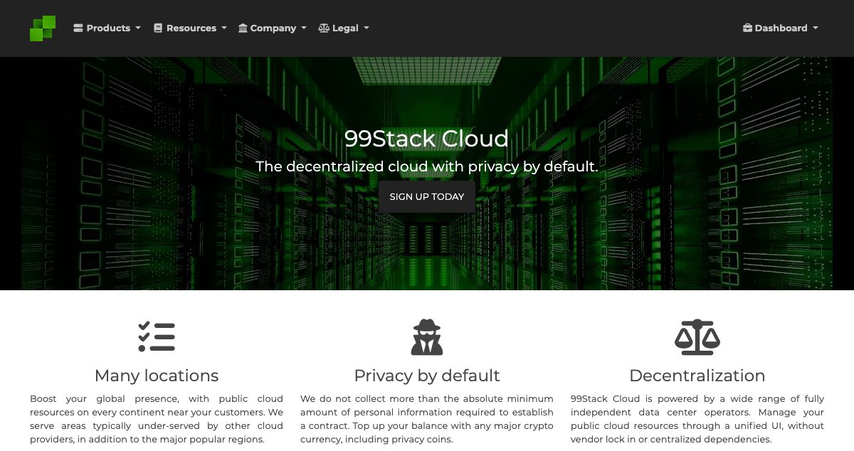 Homepage of 99Stack Cloud hosting