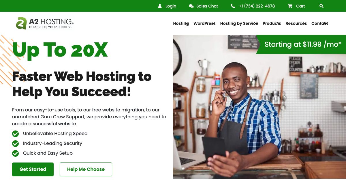 Homepage of A2 Hosting hosting