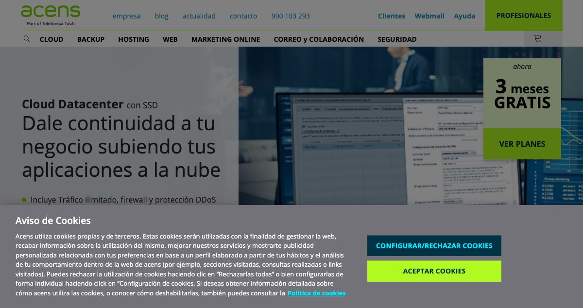 Homepage of Acens hosting