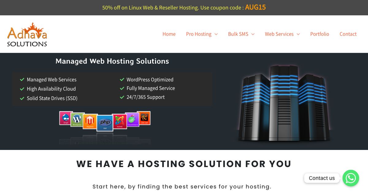 Homepage of Adhava Host hosting