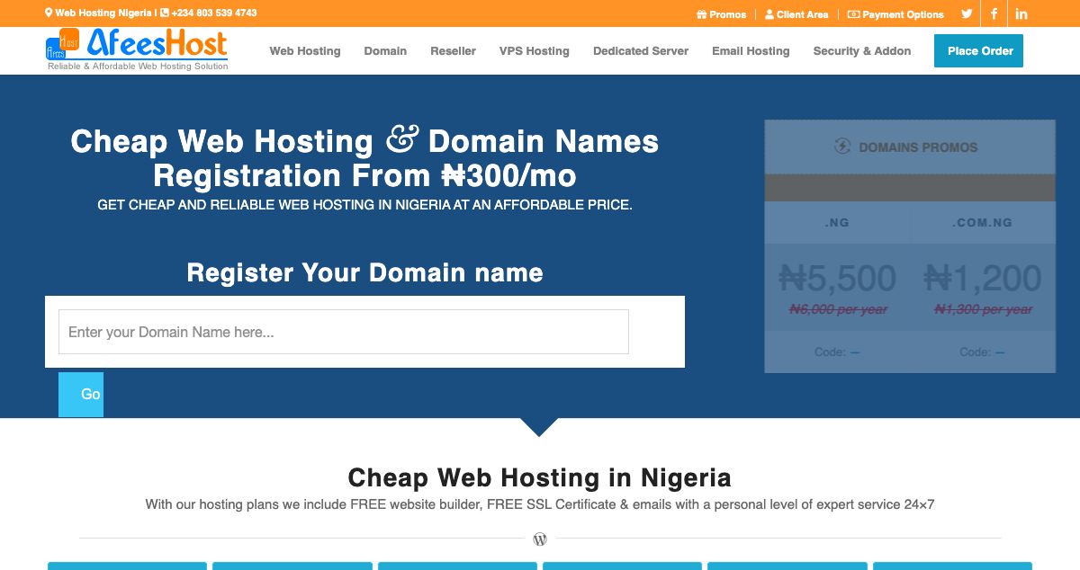 Homepage of AfeesHost hosting