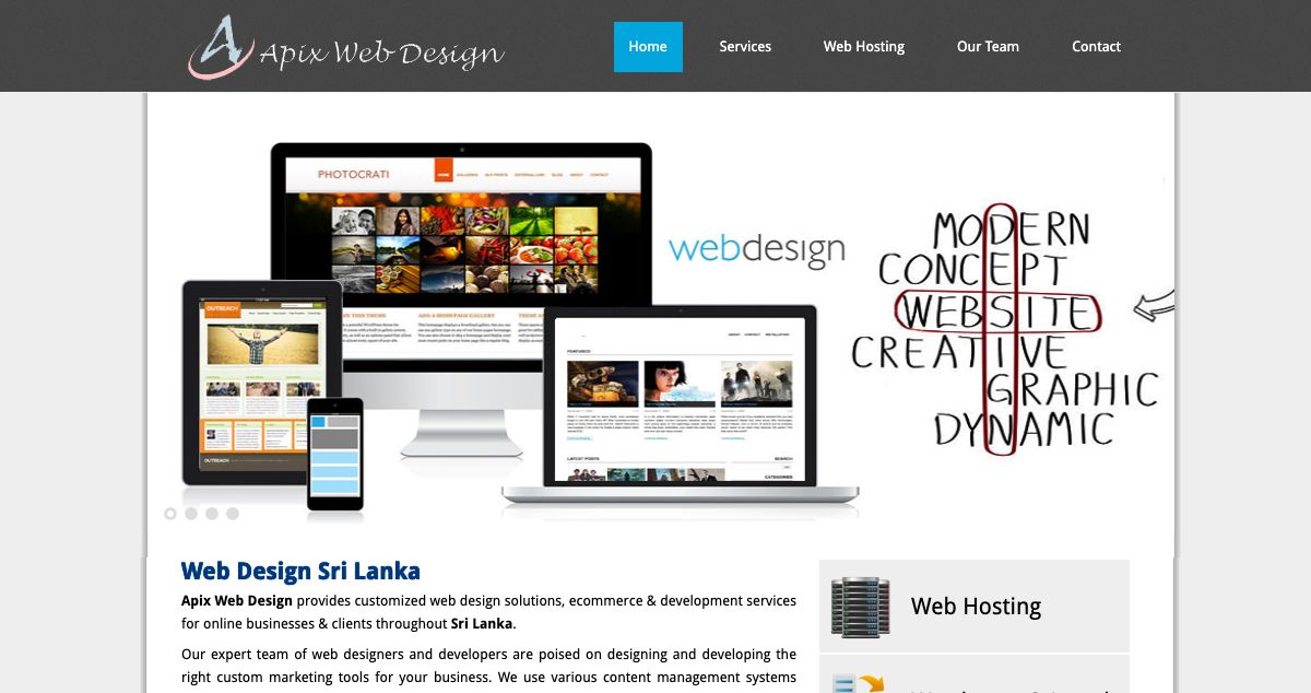 Homepage of Apix Web Design hosting