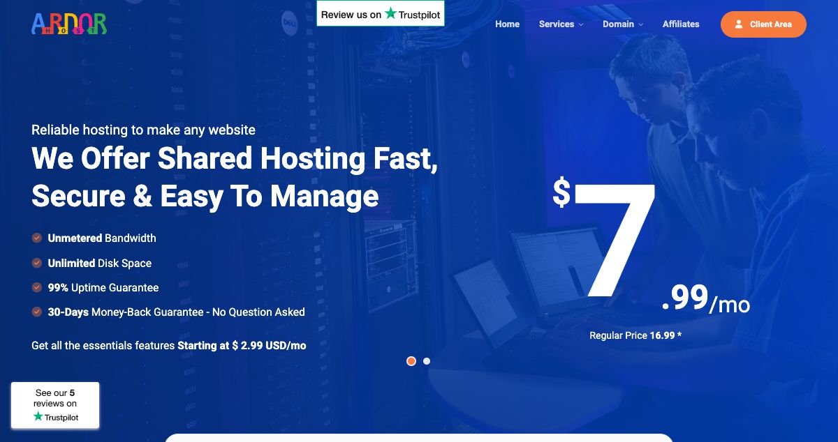 Homepage of ArdorHost hosting