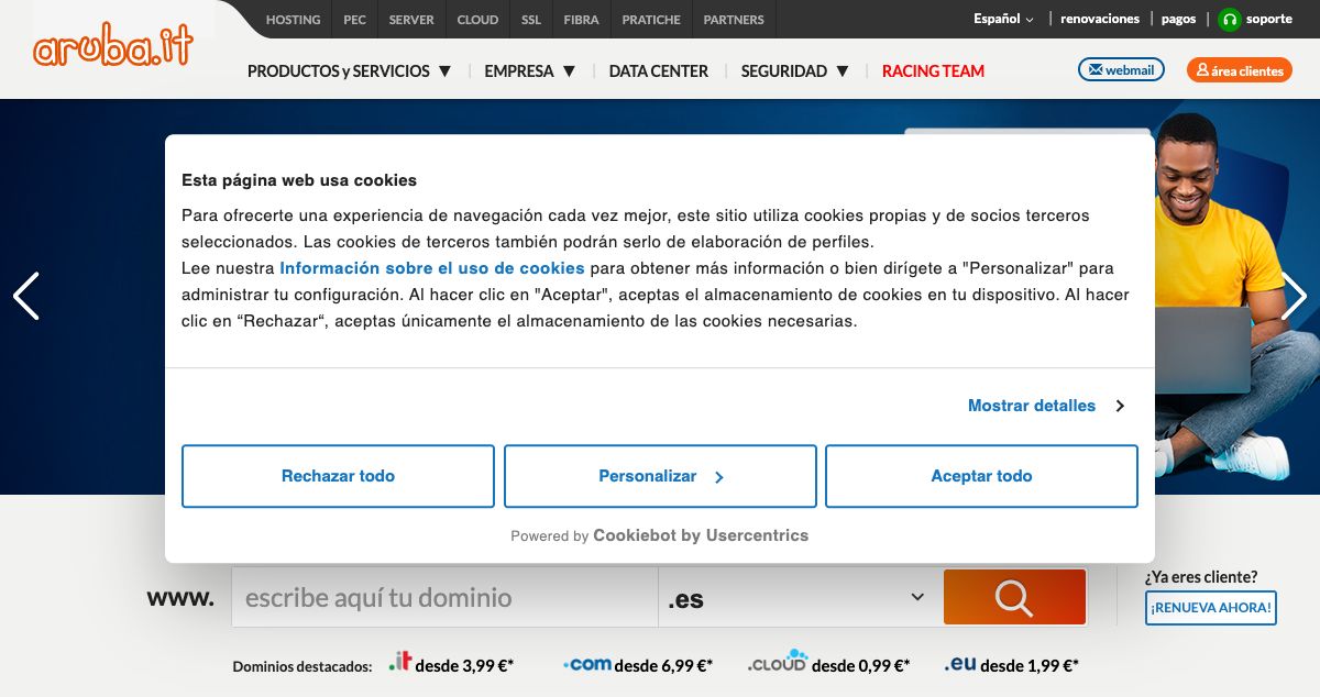 Homepage of Aruba hosting