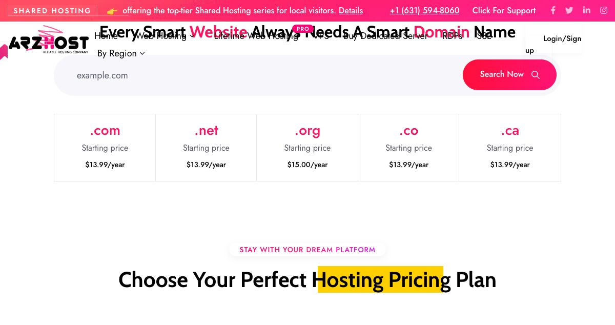 Homepage of ARZHost hosting