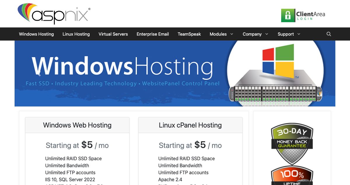 Homepage of ASPnix hosting