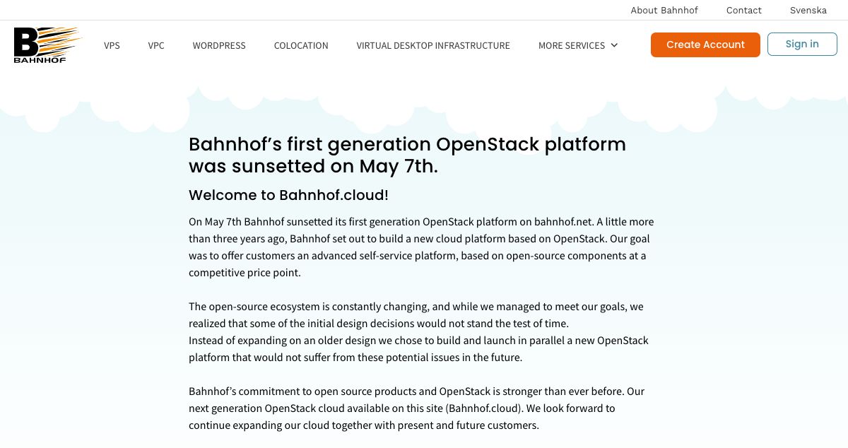 Homepage of Bahnhof hosting